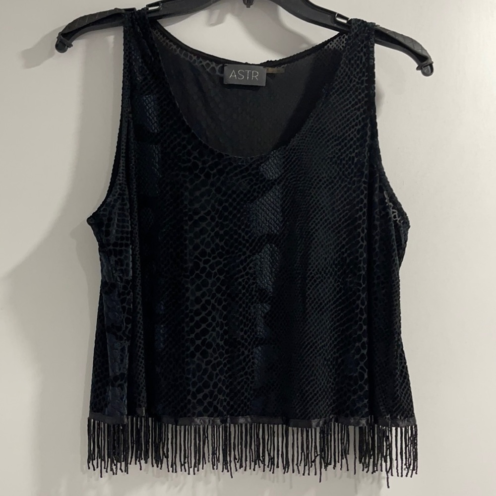 ASTR ANIMAL PRINT VELVET TANK WITH BEADED FRINGE